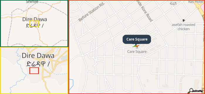 Map showing the address of Care Square in three different zoom levels.