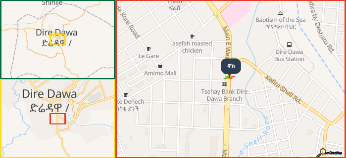 Map showing the address of ኖክ in three different zoom levels.