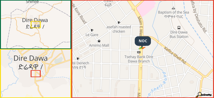 Map showing the address of NOC in three different zoom levels.