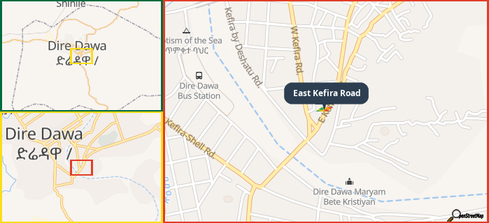 Map showing the address of East Kefira Road in three different zoom levels.