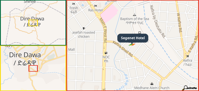 Map showing the address of Segenet Hotel in three different zoom levels.