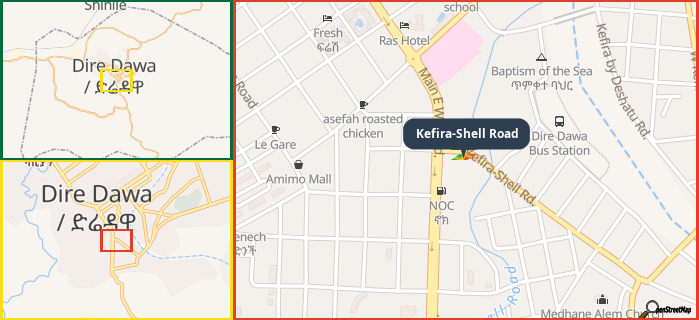 Map showing the address of Kefira-Shell Road in three different zoom levels.