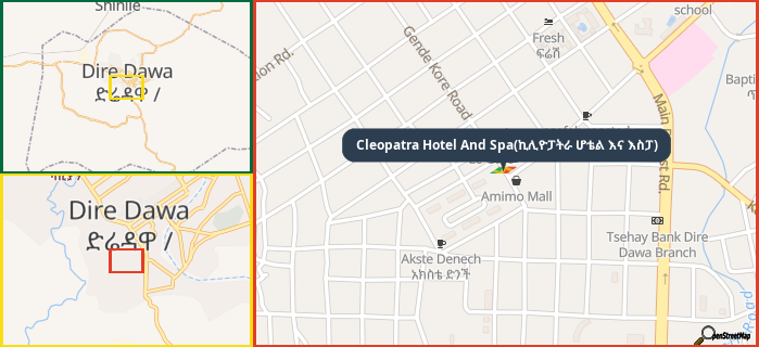 Map showing the address of Cleopatra Hotel And Spa(ኪሊዮፓትራ ሆቴል እና እስፓ) in three different zoom levels.