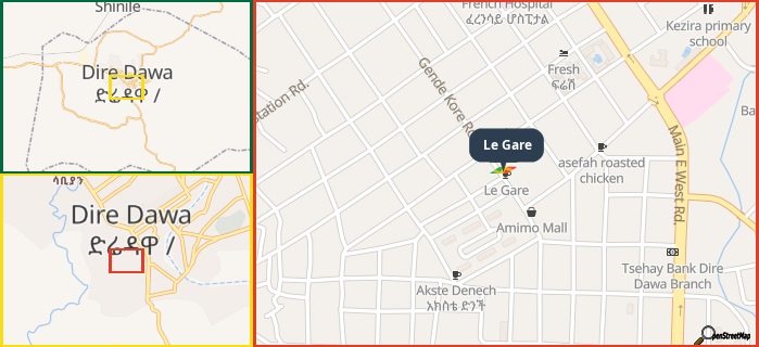 Map showing the address of Le Gare in three different zoom levels.