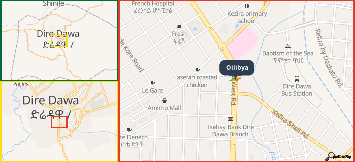 Map showing the address of Oilibya in three different zoom levels.