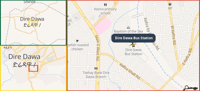 Map showing the address of Dire Dawa Bus Station in three different zoom levels.