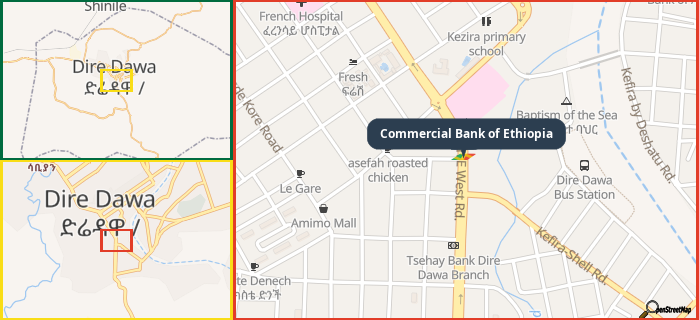 Map showing the address of Commercial Bank of Ethiopia in three different zoom levels.