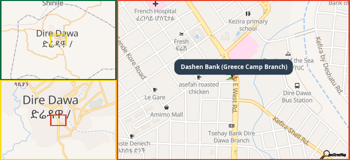 Map showing the address of Dashen Bank (Greece Camp Branch) in three different zoom levels.