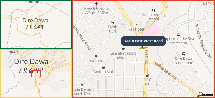 Map showing the address of Main East West Road in three different zoom levels.