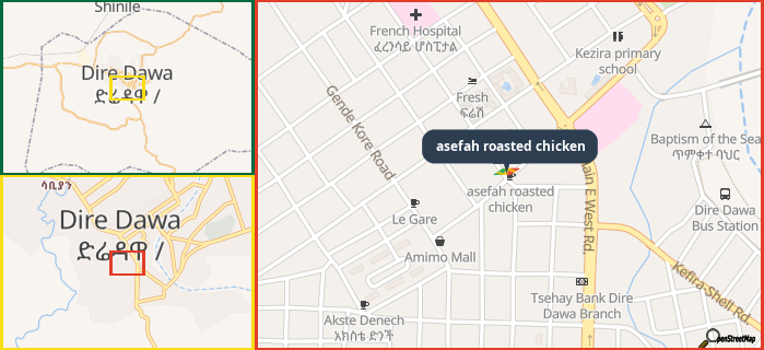 Map showing the address of asefah roasted chicken in three different zoom levels.
