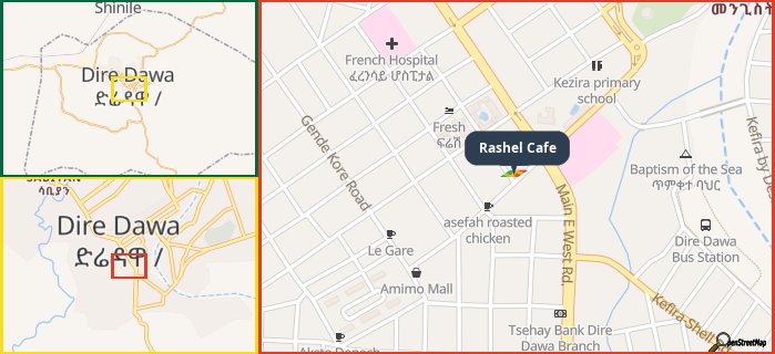 Map showing the address of Rashel Cafe in three different zoom levels.