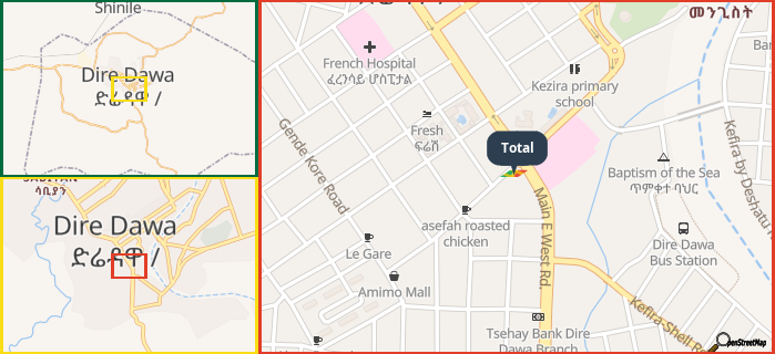Map showing the address of Total in three different zoom levels.