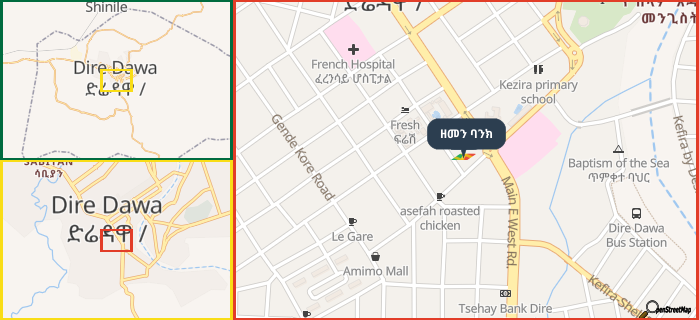 Map showing the address of ዘመን ባንክ in three different zoom levels.
