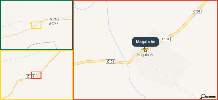 Map showing the address of Magalo Ad in three different zoom levels.