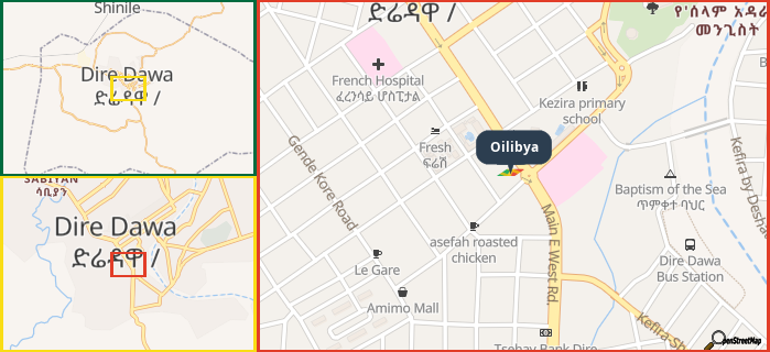 Map showing the address of Oilibya in three different zoom levels.