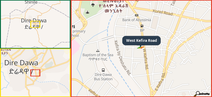 Map showing the address of West Kefira Road in three different zoom levels.