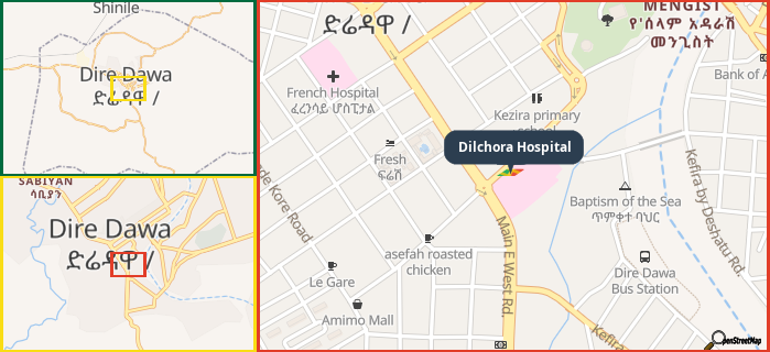 Map showing the address of Dilchora Hospital in three different zoom levels.