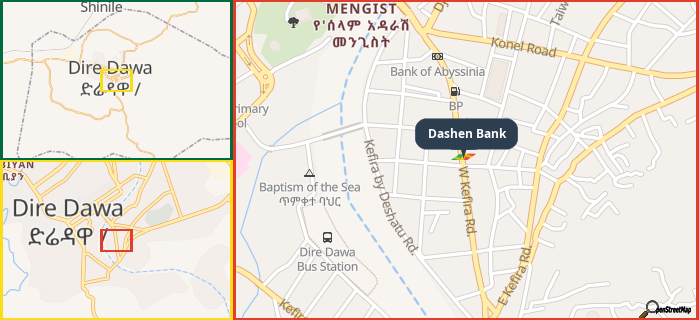 Map showing the address of Dashen Bank in three different zoom levels.
