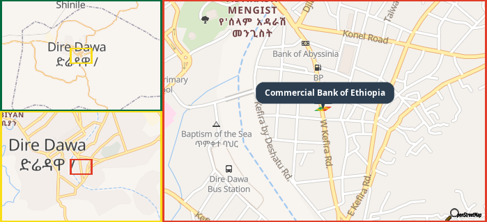 Map showing the address of Commercial Bank of Ethiopia in three different zoom levels.