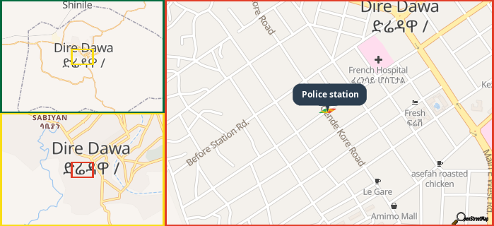 Map showing the address of Police station in three different zoom levels.