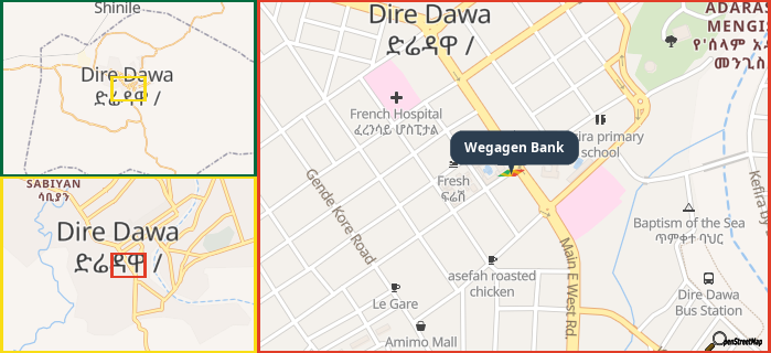 Map showing the address of Wegagen Bank in three different zoom levels.