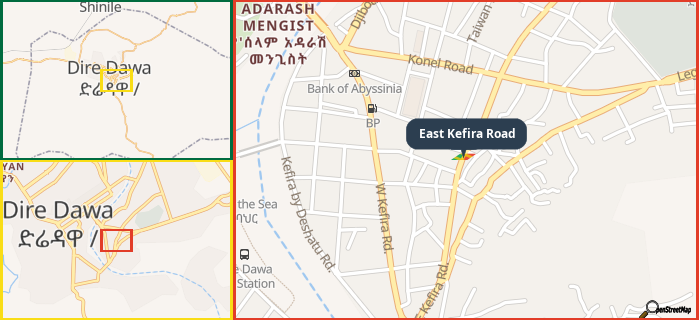 Map showing the address of East Kefira Road in three different zoom levels.