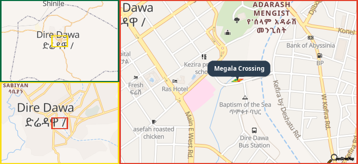 Map showing the address of Megala Crossing in three different zoom levels.