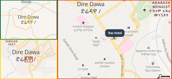 Map showing the address of Ras Hotel in three different zoom levels.