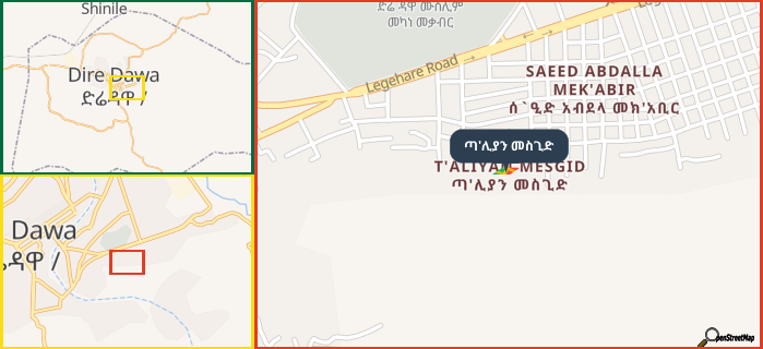 Map showing the address of ጣ'ሊያን መስጊድ in three different zoom levels.