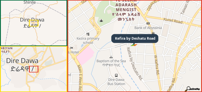 Map showing the address of Kefira by Deshatu Road in three different zoom levels.