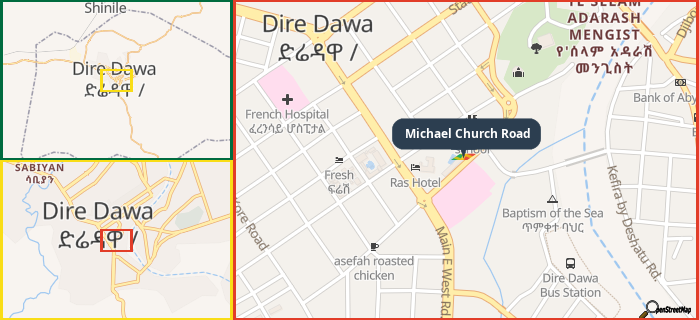 Map showing the address of Michael Church Road in three different zoom levels.