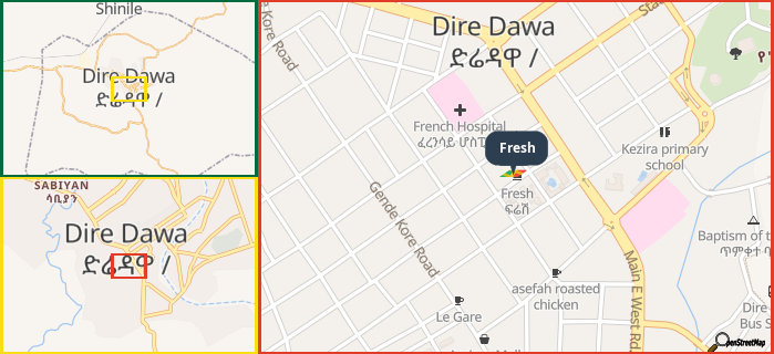 Map showing the address of Fresh in three different zoom levels.