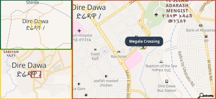 Map showing the address of Megala Crossing in three different zoom levels.