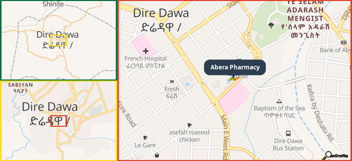 Map showing the address of Abera Pharmacy in three different zoom levels.