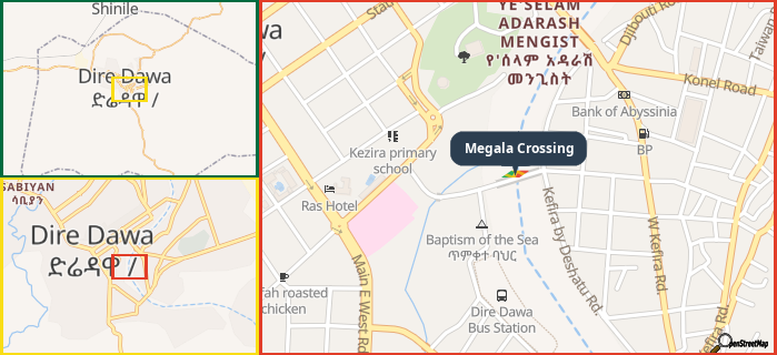 Map showing the address of Megala Crossing in three different zoom levels.