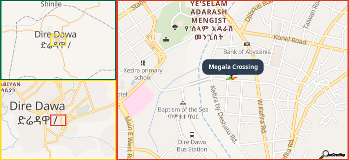 Map showing the address of Megala Crossing in three different zoom levels.