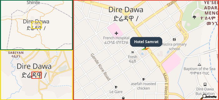 Map showing the address of Hotel Samrat in three different zoom levels.