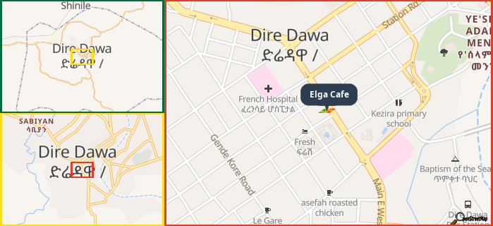 Map showing the address of Elga Cafe in three different zoom levels.