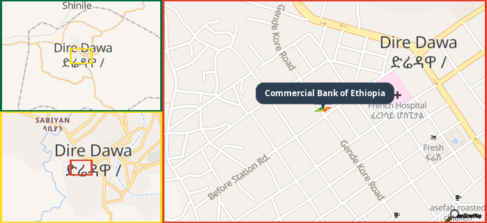 Map showing the address of Commercial Bank of Ethiopia in three different zoom levels.