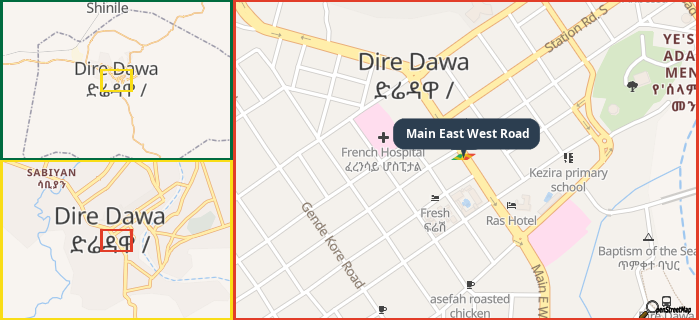 Map showing the address of Main East West Road in three different zoom levels.