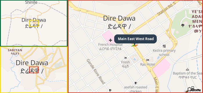 Map showing the address of Main East West Road in three different zoom levels.