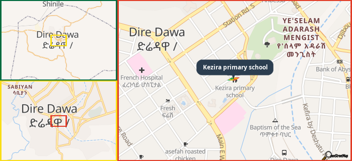 Map showing the address of Kezira primary school in three different zoom levels.
