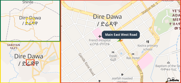 Map showing the address of Main East West Road in three different zoom levels.