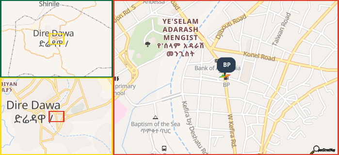 Map showing the address of BP in three different zoom levels.
