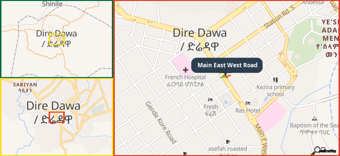 Map showing the address of Main East West Road in three different zoom levels.