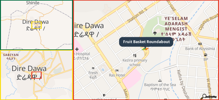 Map showing the address of Fruit Basket Roundabout in three different zoom levels.