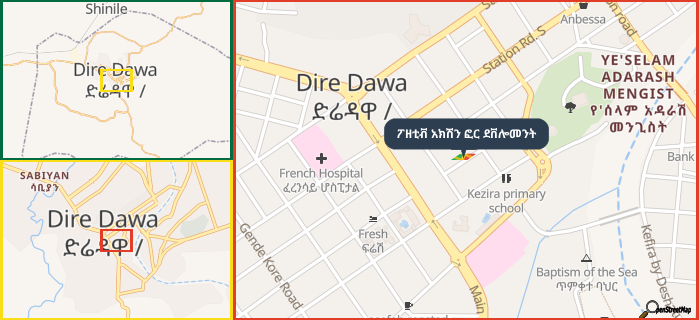 Map showing the address of ፖዘቲቭ አክሽን ፎር ደቨሎመንት in three different zoom levels.