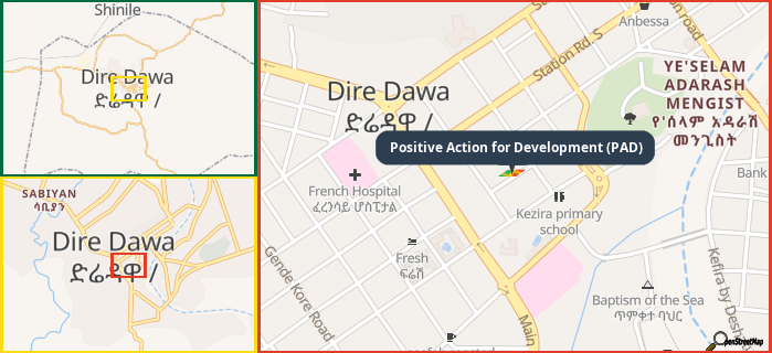 Map showing the address of Positive Action for Development (PAD) in three different zoom levels.