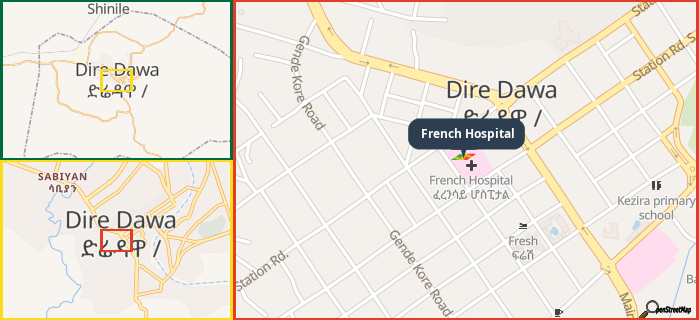 Map showing the address of French Hospital in three different zoom levels.