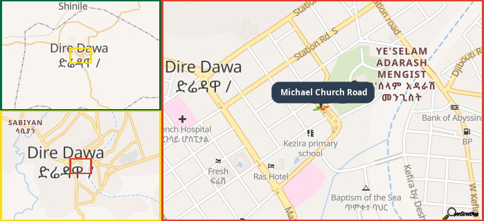 Map showing the address of Michael Church Road in three different zoom levels.